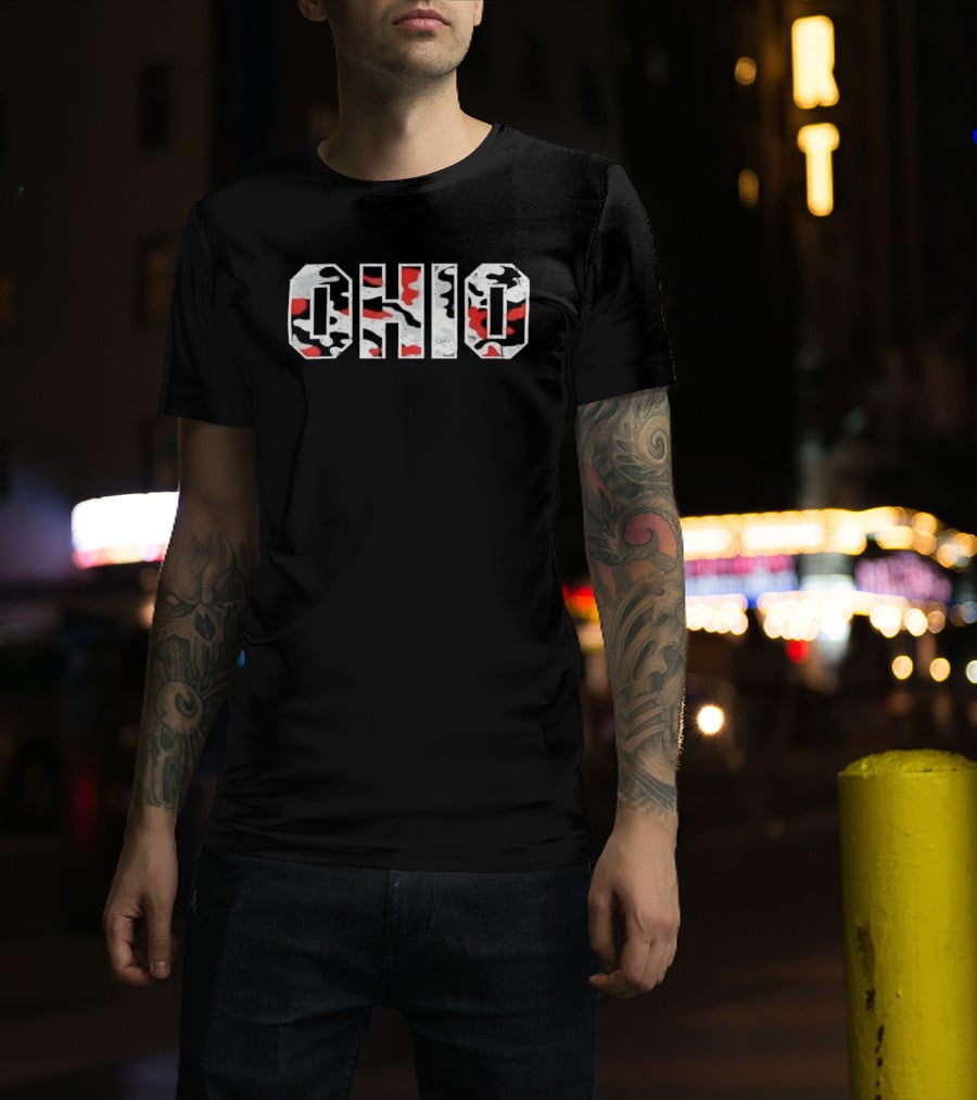 Ohio Distressed Camouflage Red Gray White Black Block T-Shirt