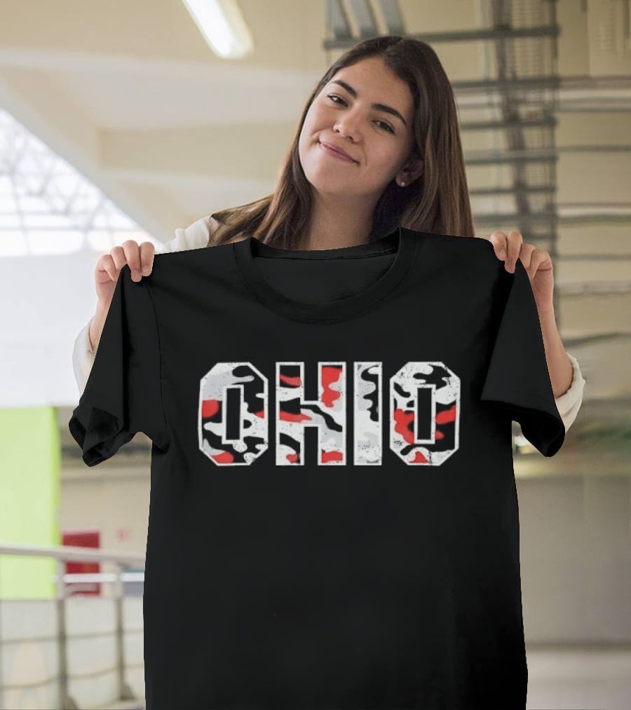 Ohio Distressed Camouflage Red Gray White Black Block T-Shirt