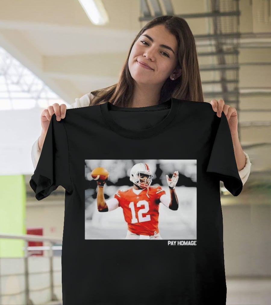 Ohio State Buckeyes Quarterback Number 12 Throwing Football Selective Color Pay Homage T-Shirt
