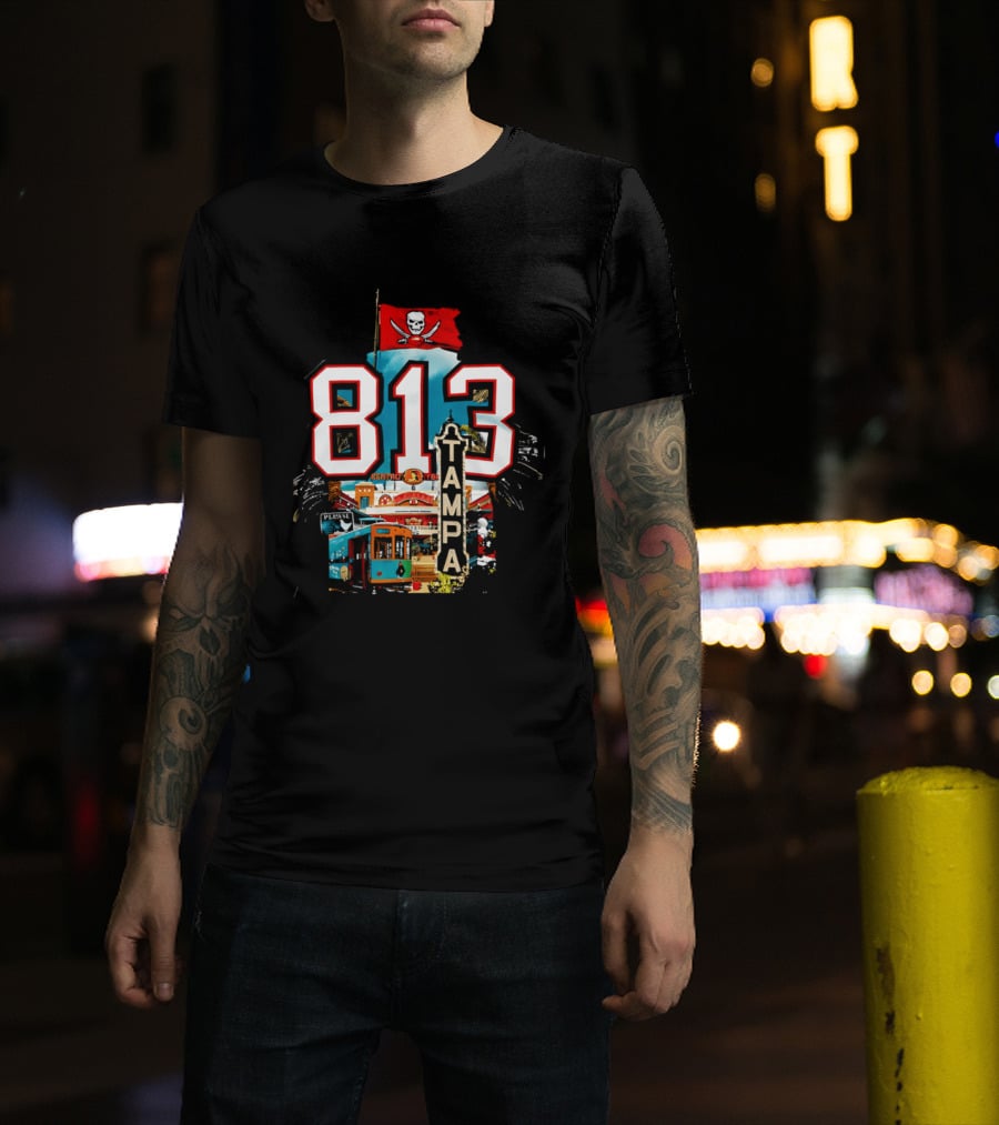 Tampa Bay Buccaneers 813 Day Celebration With Pirate Flag And Tampa Landmarks T-Shirt