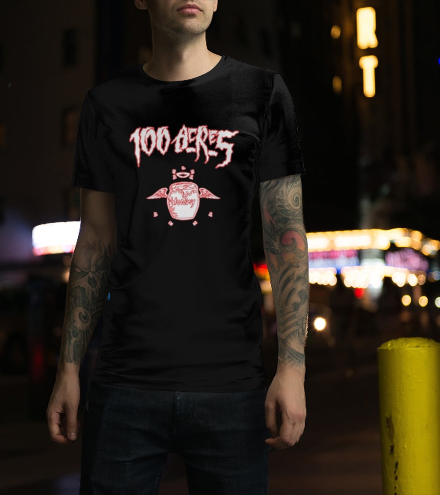 100 Acres Hunny Winged Honey Pot With Dripping Text And Doodles T-Shirt