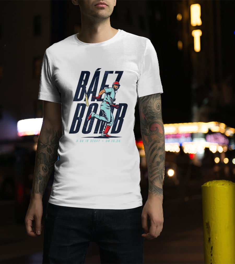 Báez Bomb 3 HR In Debut 08 15 26 Cartoon Baseball Player Running T-Shirt