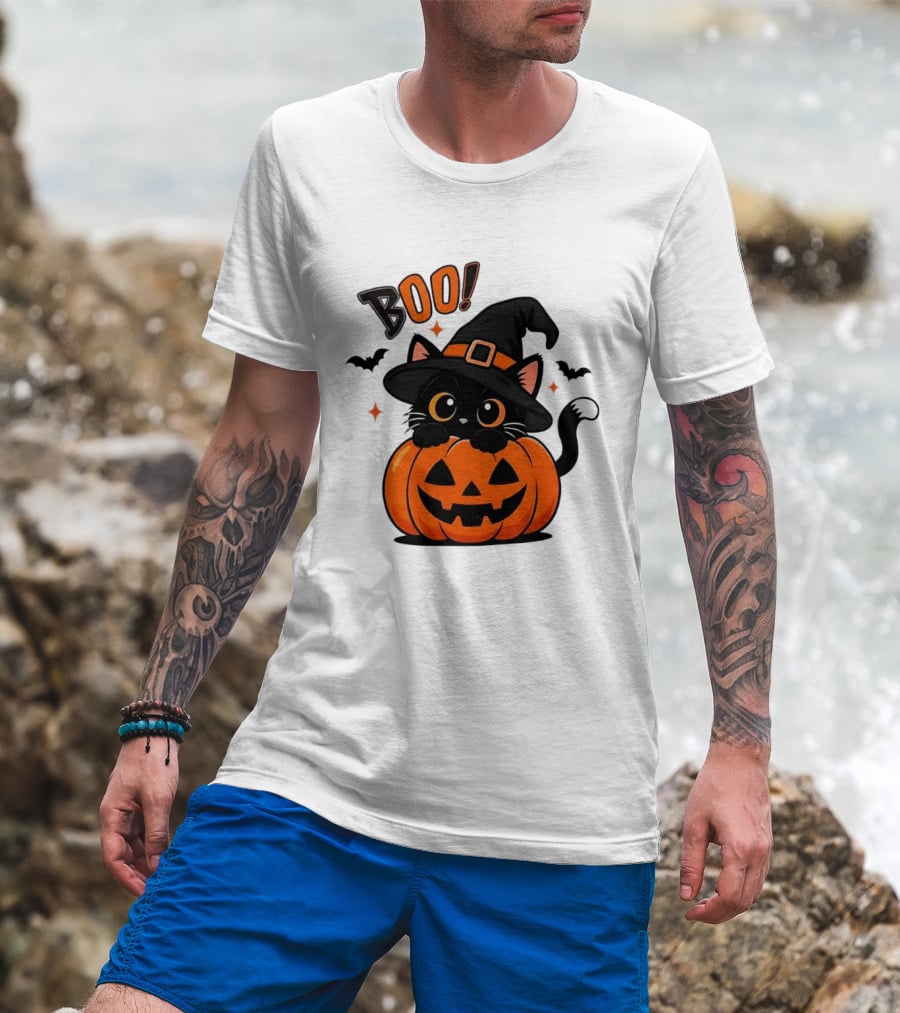 Boo Halloween Black Cat Witch Hat Jack O Lantern Pumpkin T-Shirt