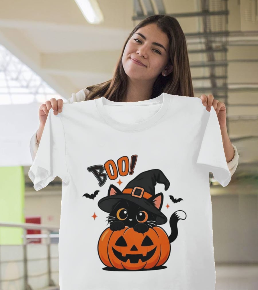 Boo Halloween Black Cat Witch Hat Jack O Lantern Pumpkin T-Shirt