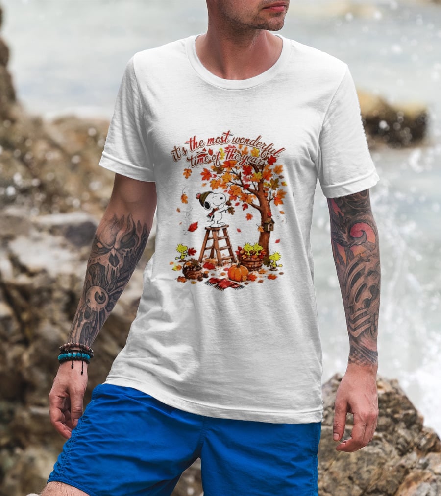 Snoopy It's The Most Wonderful Time Of The Year Autumn Tree Pumpkin Woodstock T-Shirt