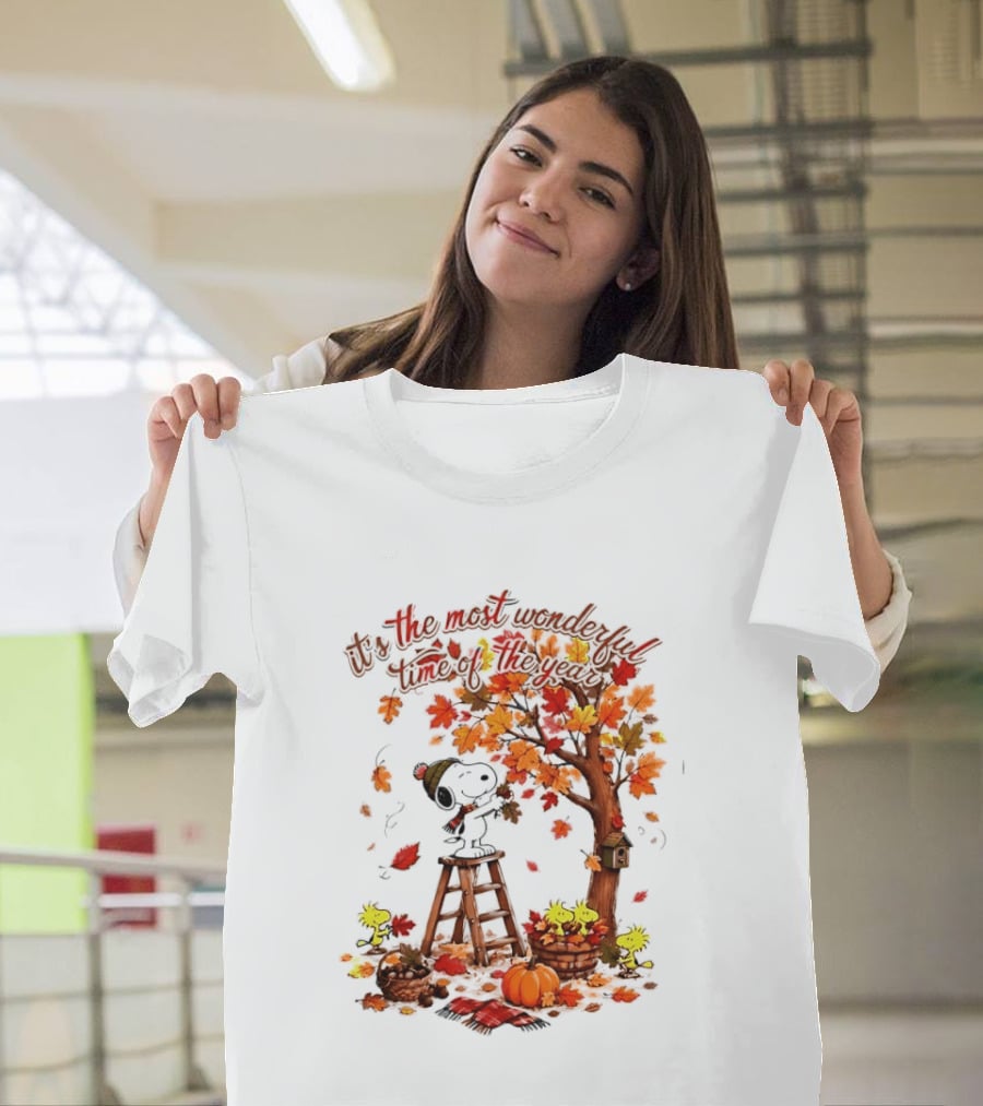 Snoopy It's The Most Wonderful Time Of The Year Autumn Tree Pumpkin Woodstock T-Shirt