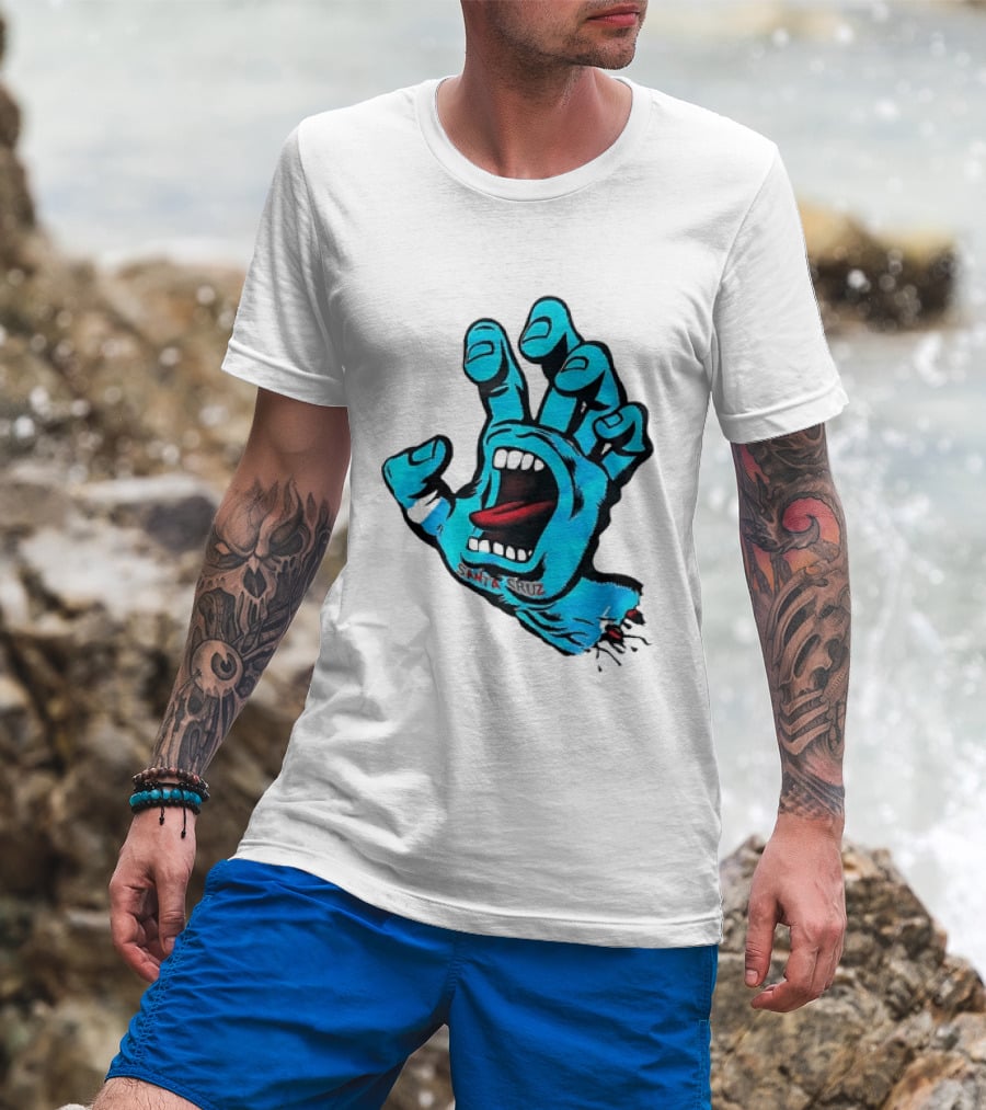 Santa Cruz Blue Screaming Hand Open Mouth Tongue Cartoon T-Shirt
