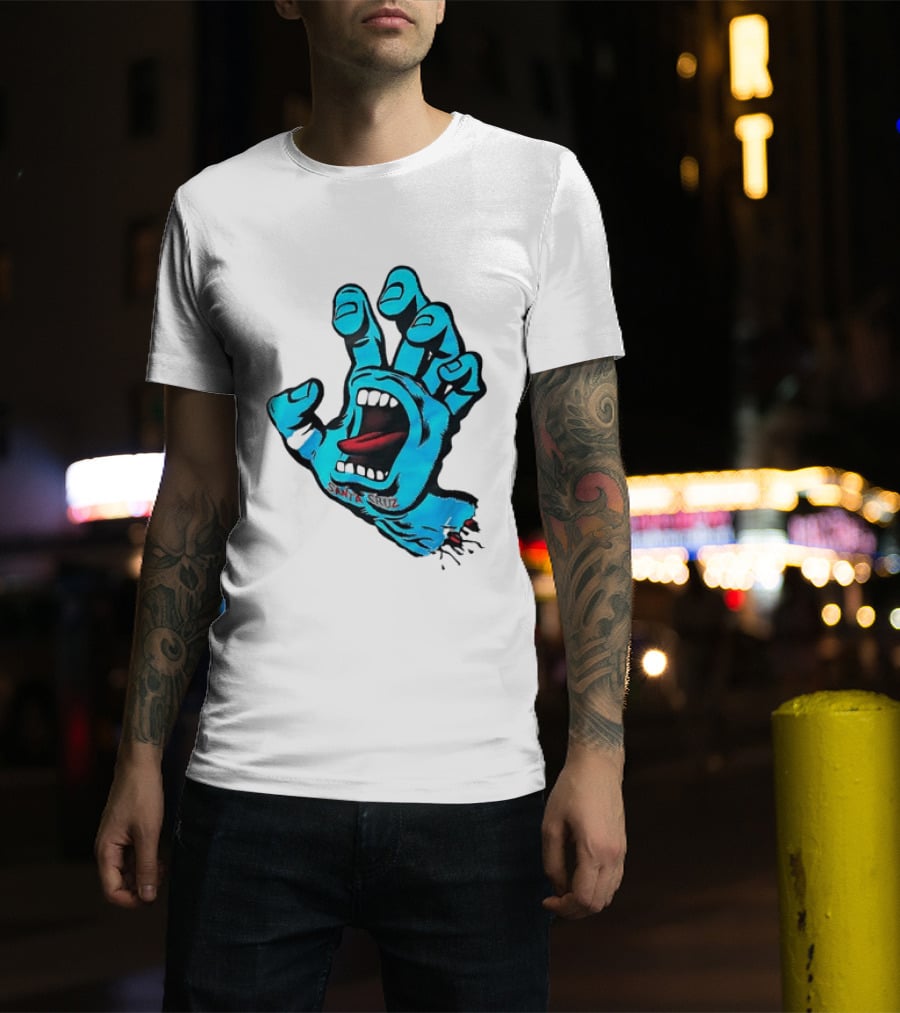 Santa Cruz Blue Screaming Hand Open Mouth Tongue Cartoon T-Shirt