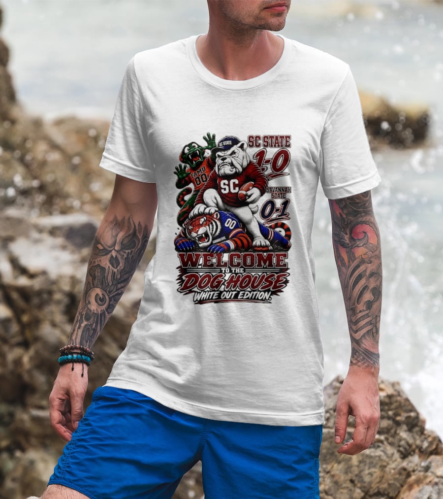 South Carolina State Bulldogs 1 0 Welcome To The Dog House White Out Edition Cartoon Tackling Tiger Savannah State 0 1 FAMU 00 T-Shirt