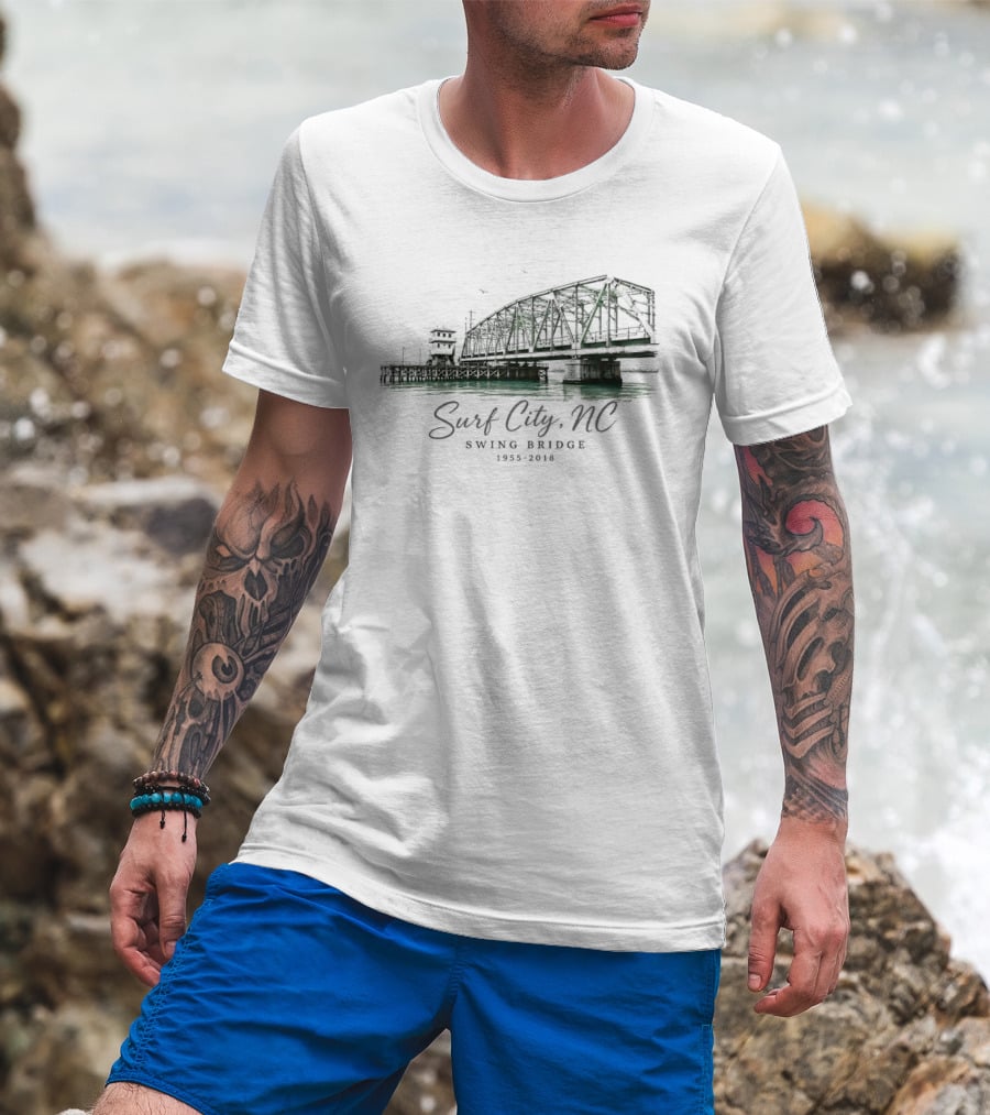 Surf City NC Swing Bridge 1955 2018 Water Birds Coastal Pier Green Watercolor T-Shirt