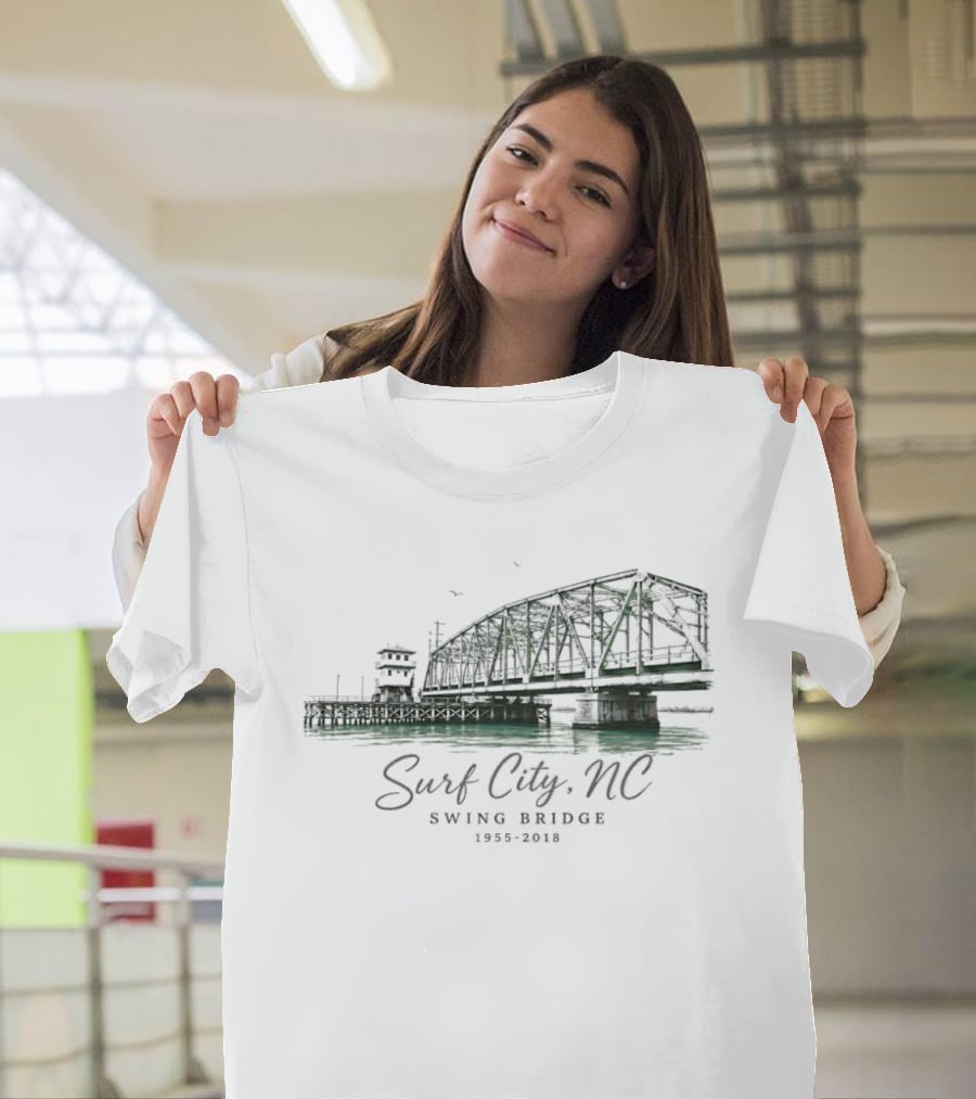 Surf City NC Swing Bridge 1955 2018 Water Birds Coastal Pier Green Watercolor T-Shirt
