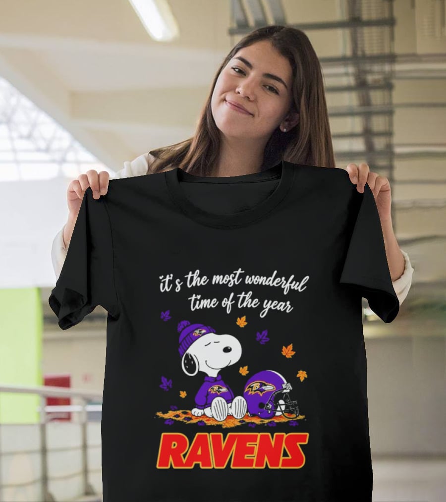 Baltimore Ravens It's The Most Wonderful Time Of Year Snoopy Sitting Leaves Football Helmet T-Shirt