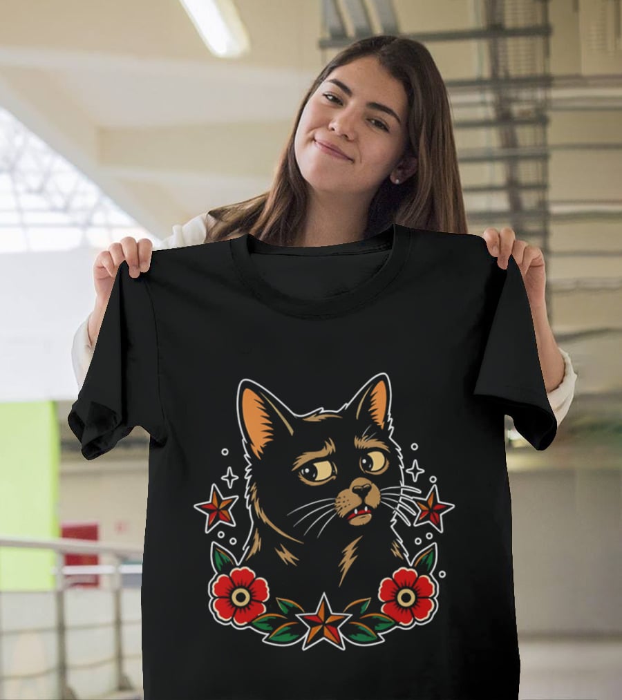 Black Cat Surrounded By Stars And Red Flowers T-Shirt
