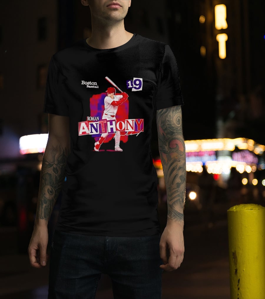 Boston Baseball 19 Roman Anthony Player Batting Red Paint T-Shirt