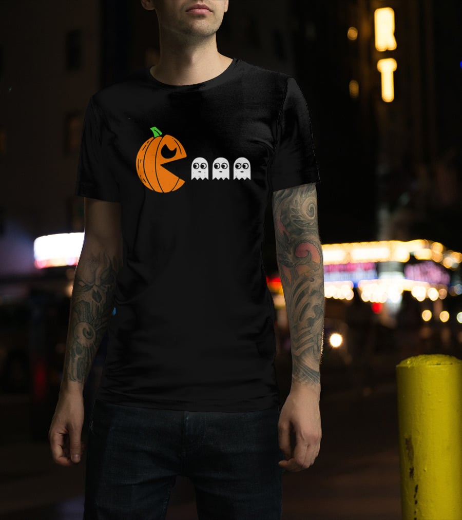 Halloween Pumpkin Pac Man Chasing White Ghosts Distressed Cartoon T-Shirt
