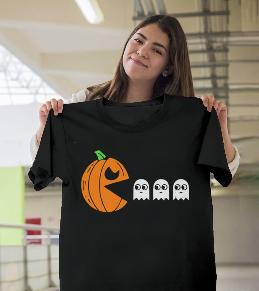 Halloween Pumpkin Pac Man Chasing White Ghosts Distressed Cartoon T-Shirt