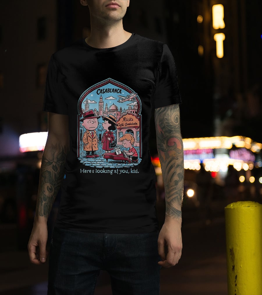 Charlie Brown Lucy Linus Peanuts Casablanca Rick's Café Americain Here's Looking At You Kid T-Shirt