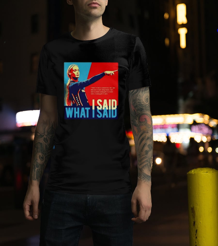 I Said What Blonde Female Athlete Pointing Red Blue Stylized Truth Honesty Protecting Young Girls In Sport T-Shirt