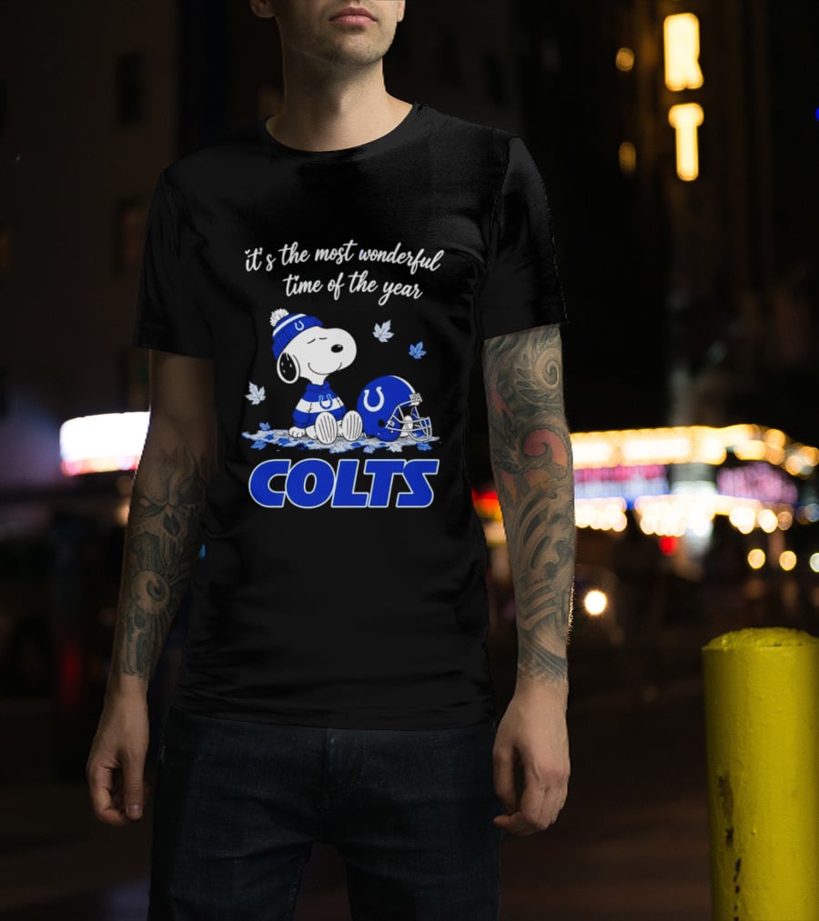 Indianapolis Colts Snoopy Beanie Helmet Leaves It's The Most Wonderful Time Of The Year T-Shirt