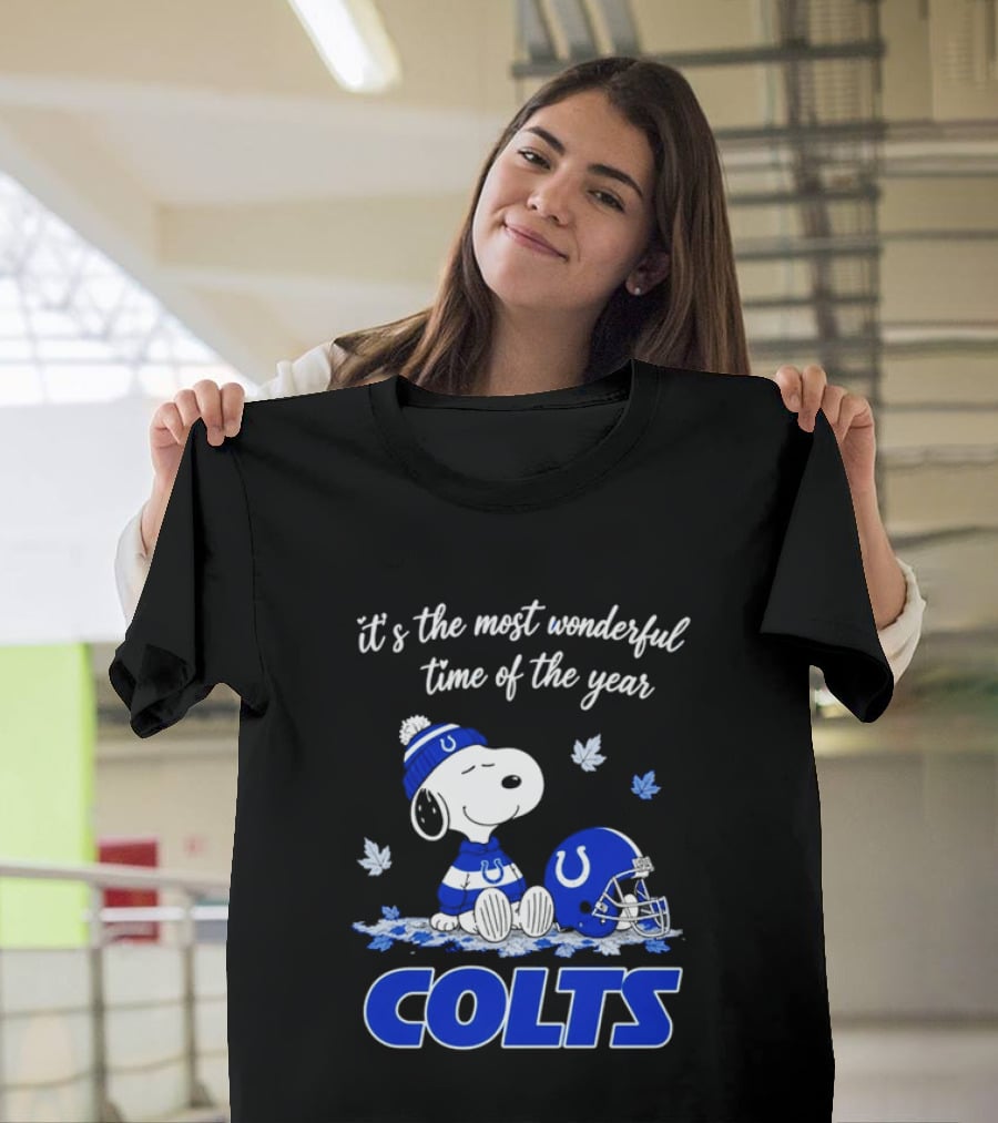 Indianapolis Colts Snoopy Beanie Helmet Leaves It's The Most Wonderful Time Of The Year T-Shirt