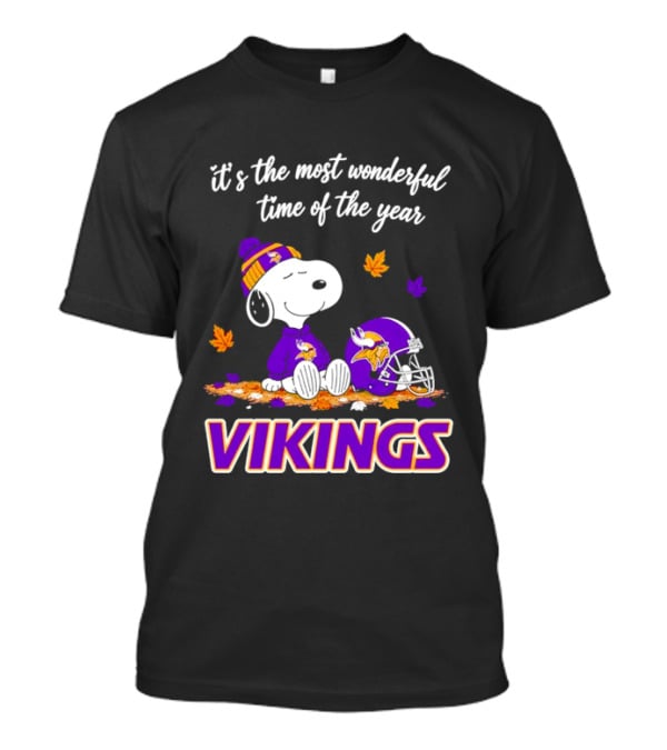 Minnesota Vikings It's The Most Wonderful Time Of The Year Snoopy Sitting Helmet Autumn Leaves T-Shirt