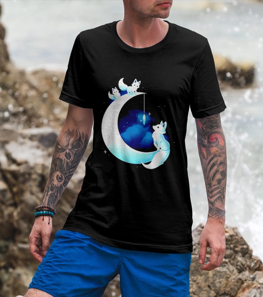 Glowing White Arctic Foxes Crescent Moon Crystal Night Sky T-Shirt