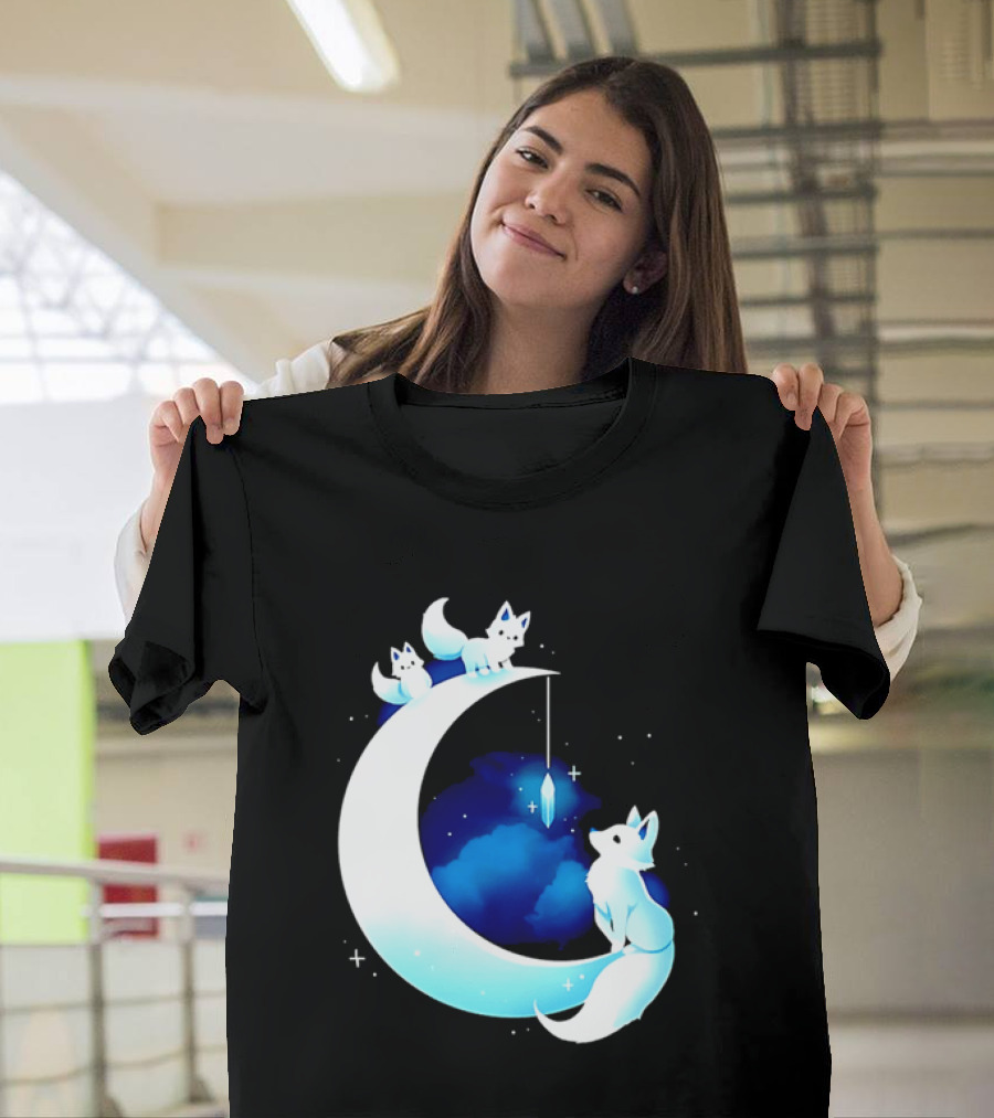 Glowing White Arctic Foxes Crescent Moon Crystal Night Sky T-Shirt