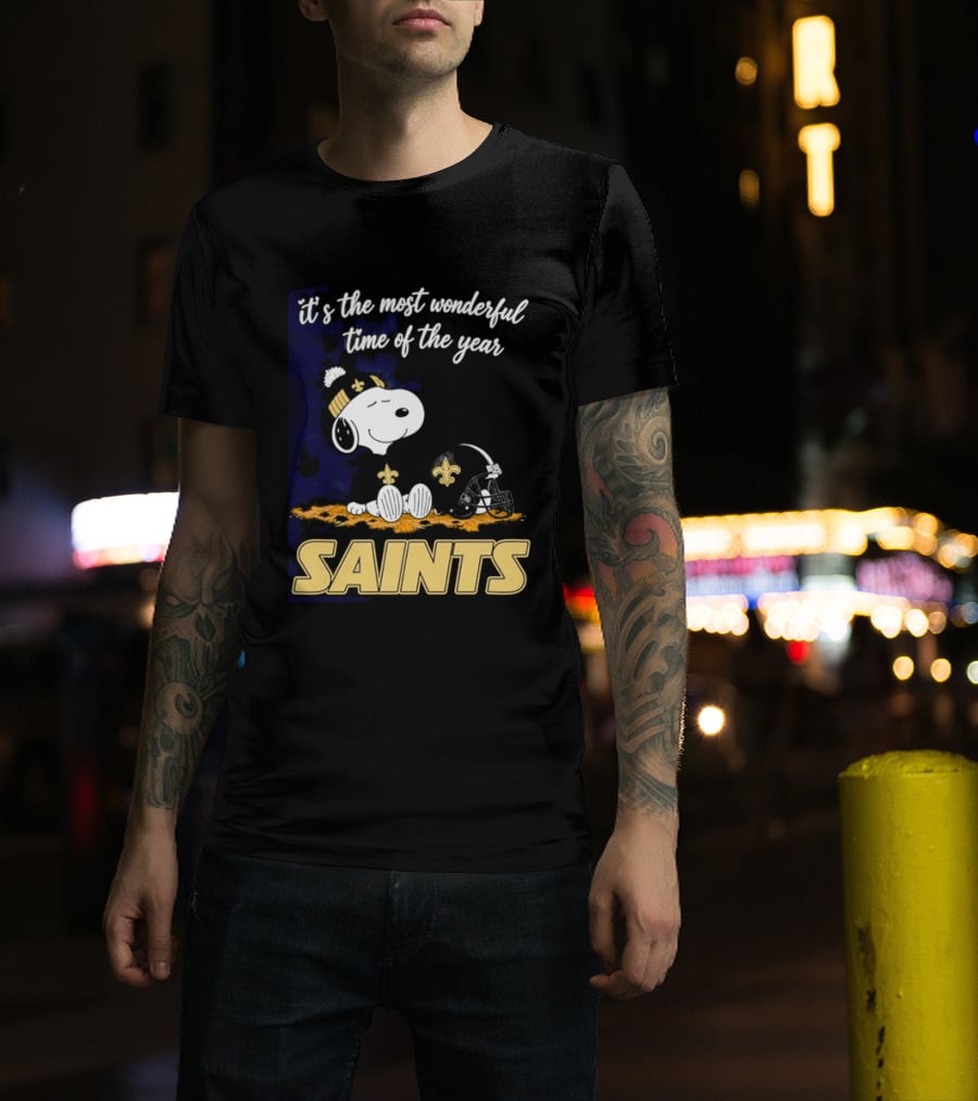 New Orleans Saints Snoopy Beanie Helmet Autumn Leaves Most Wonderful Time Of Year T-Shirt