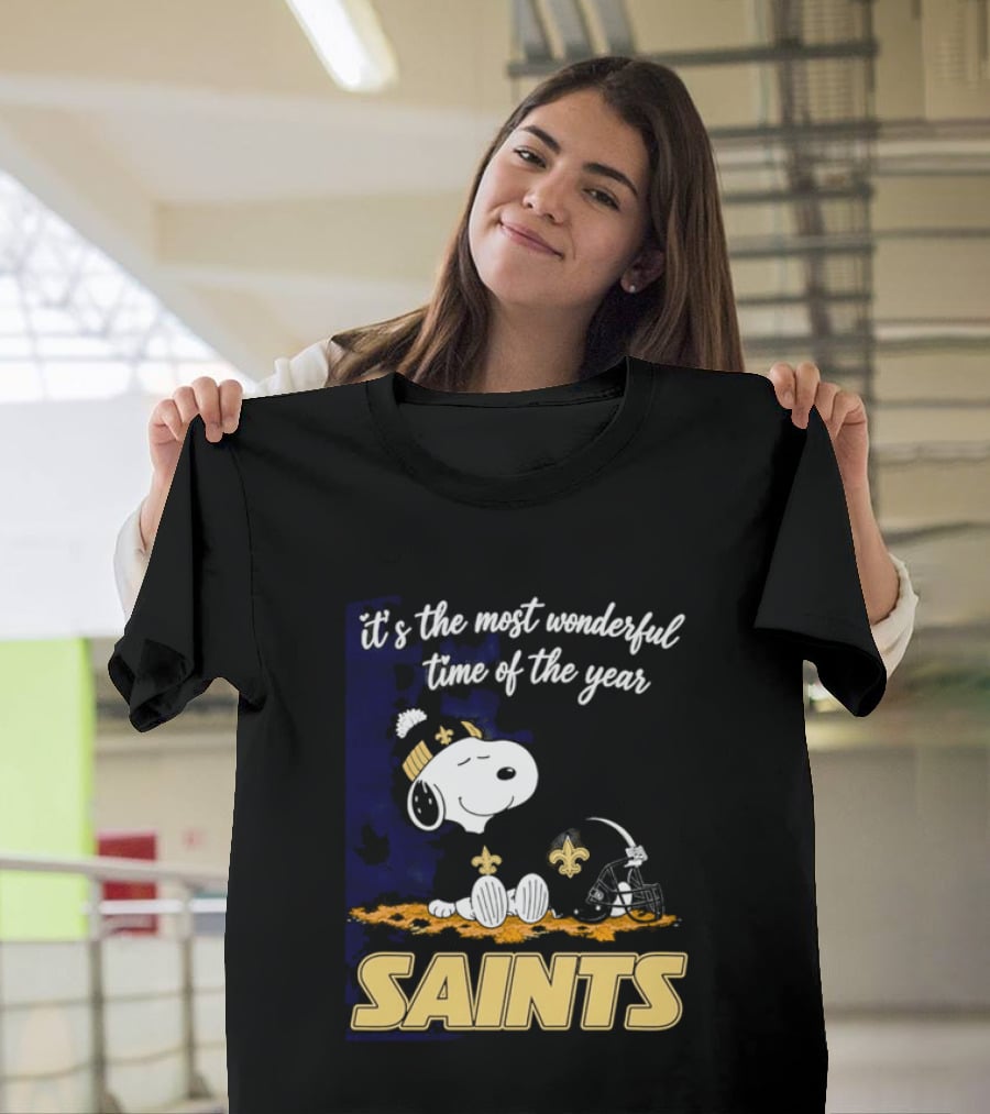 New Orleans Saints Snoopy Beanie Helmet Autumn Leaves Most Wonderful Time Of Year T-Shirt