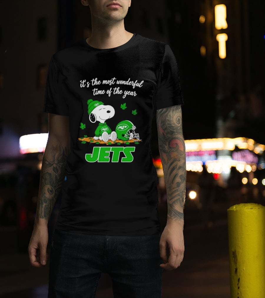 New York Jets It's The Most Wonderful Time Of Year Cartoon Dog Beanie Helmet Autumn Leaves T-Shirt