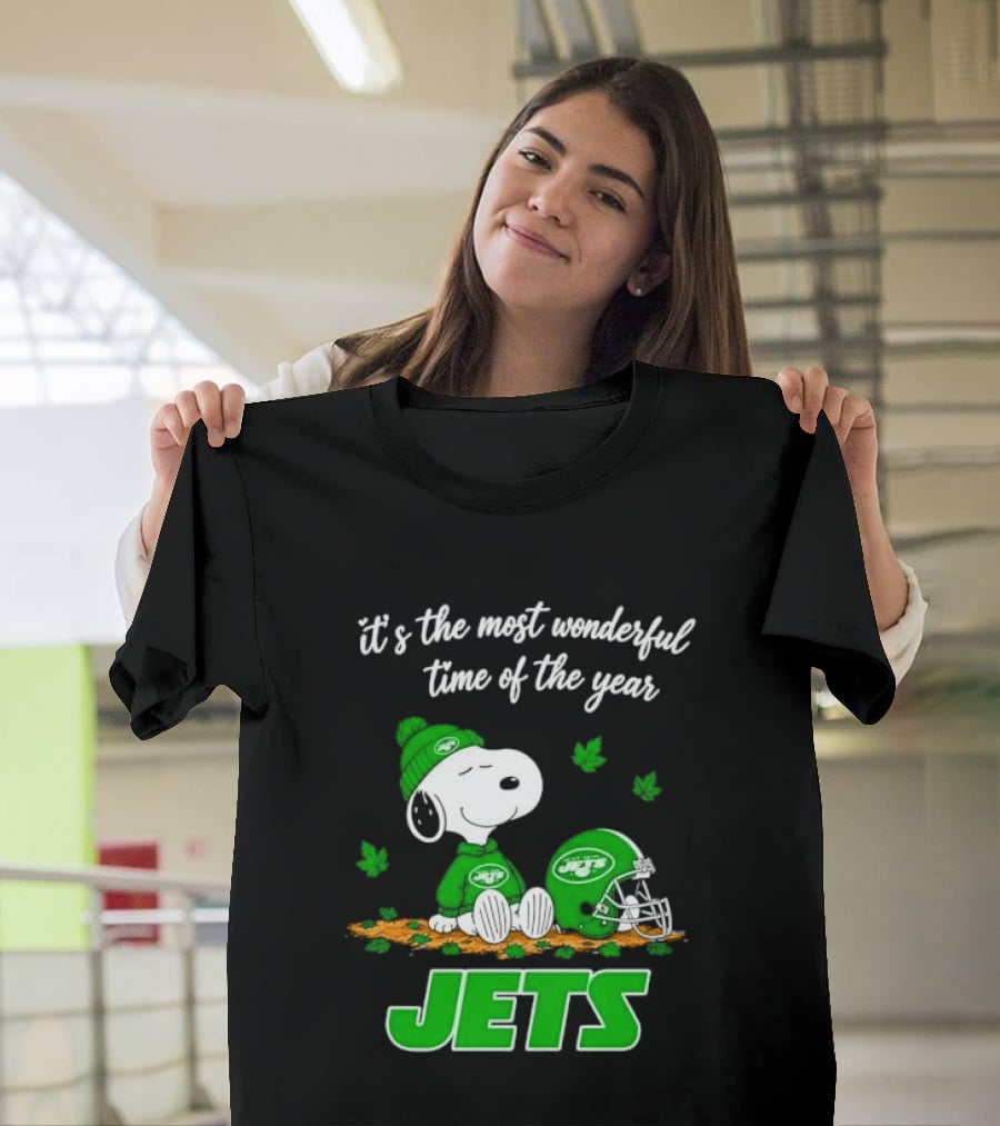 New York Jets It's The Most Wonderful Time Of Year Cartoon Dog Beanie Helmet Autumn Leaves T-Shirt