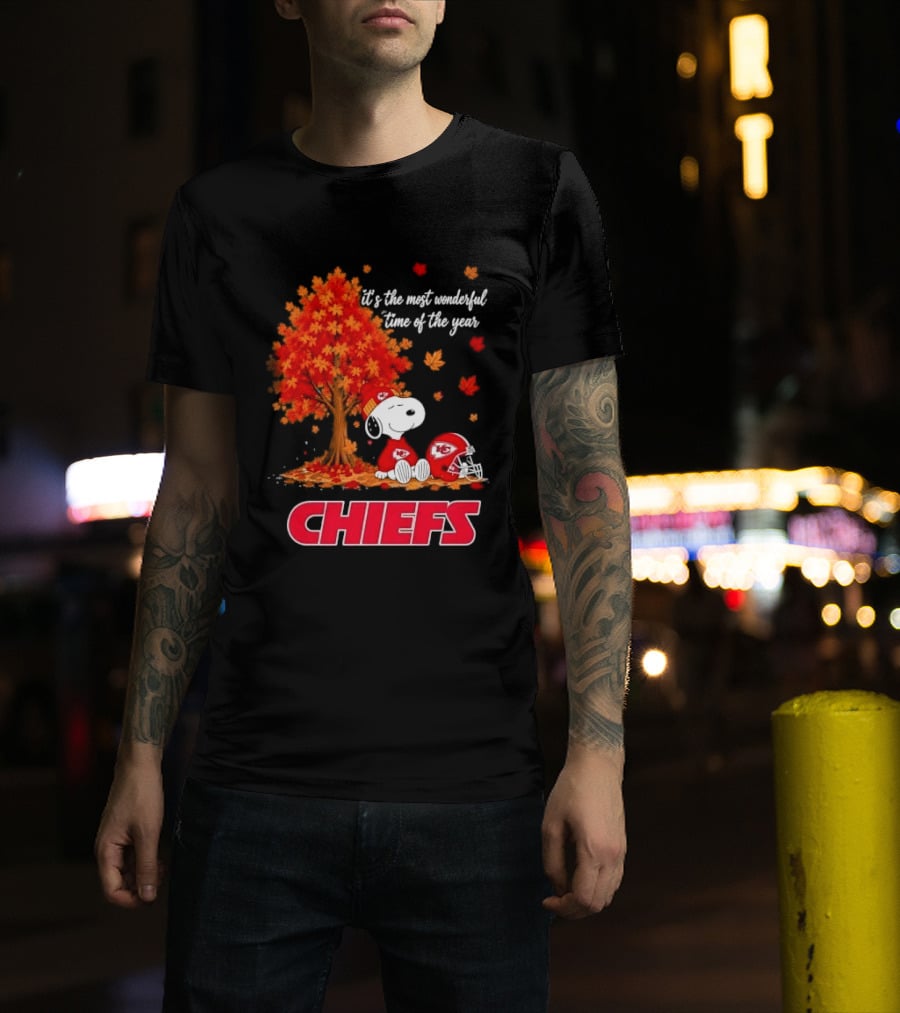 Kansas City Chiefs Snoopy Autumn Tree Football Helmet Most Wonderful Time Of The Year T-Shirt