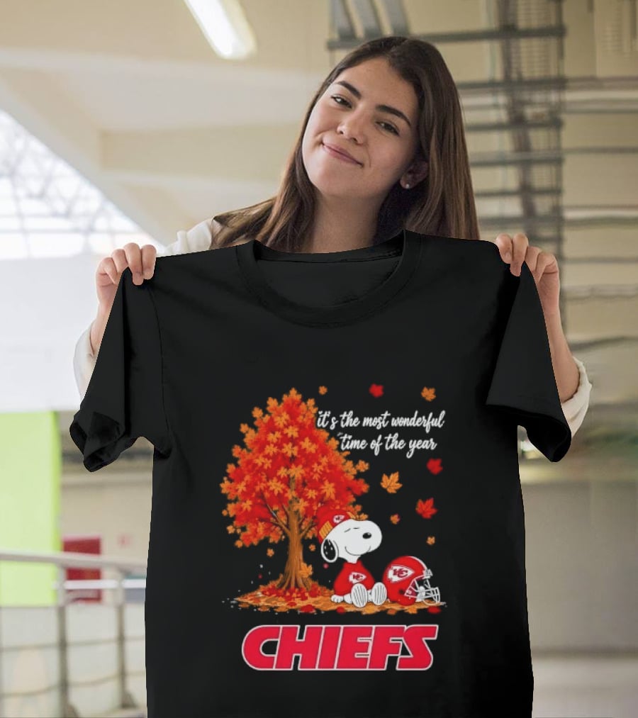 Kansas City Chiefs Snoopy Autumn Tree Football Helmet Most Wonderful Time Of The Year T-Shirt