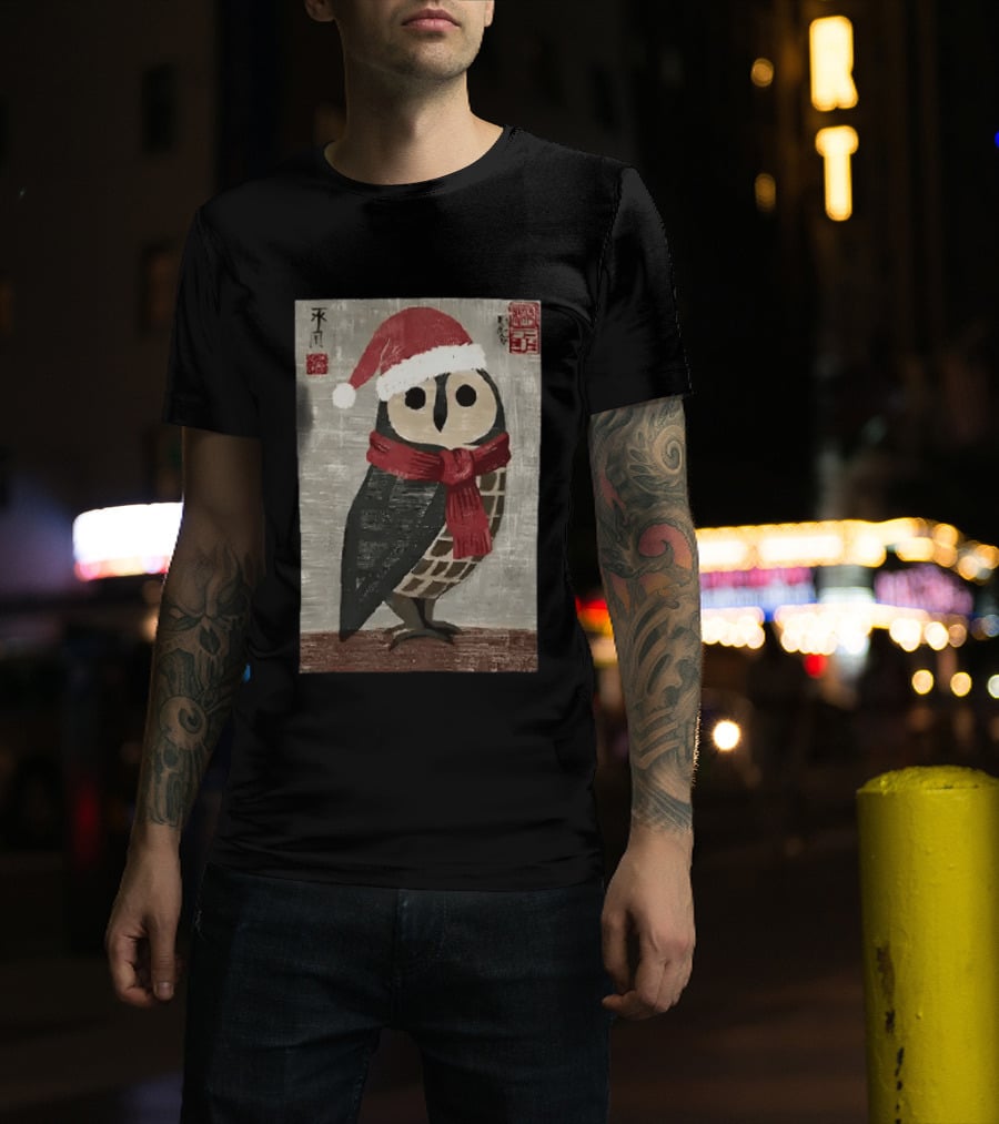 Owl With Red Santa Hat And Scarf Japanese Calligraphy T-Shirt