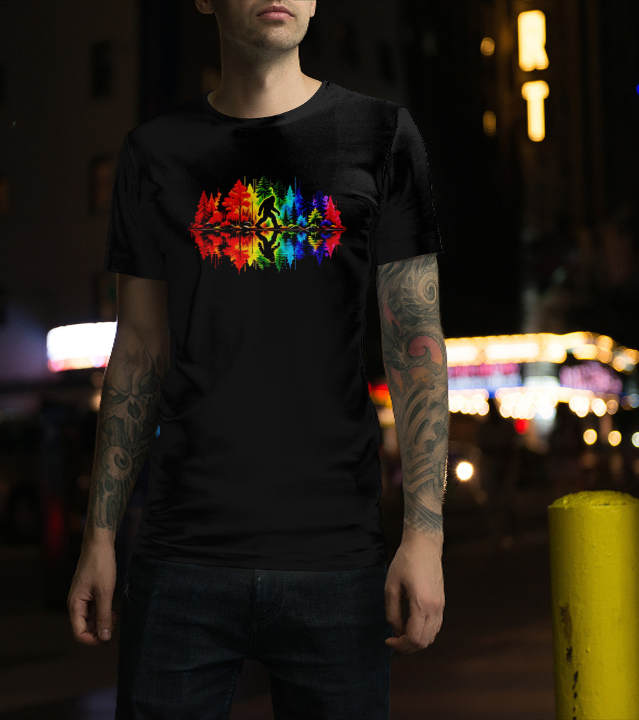 Rainbow Bigfoot Forest Reflection T-Shirt