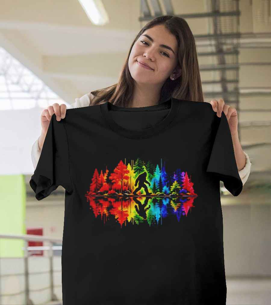 Rainbow Bigfoot Forest Reflection T-Shirt