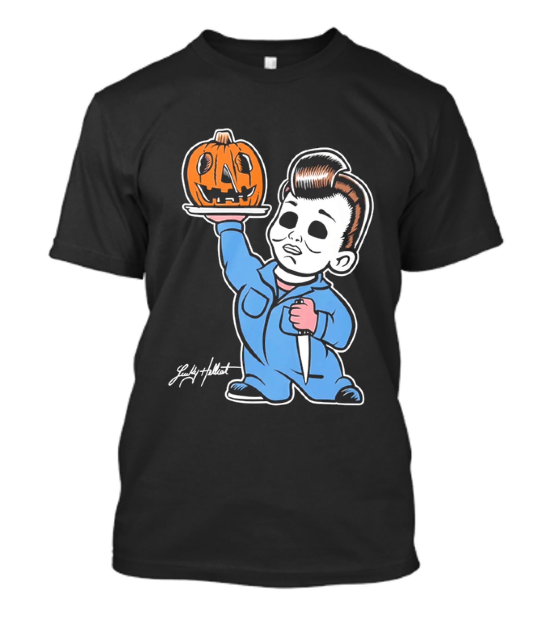 Lucky Hellcat Michael Myers Cartoon Pumpkin Knife Caricature T-Shirt
