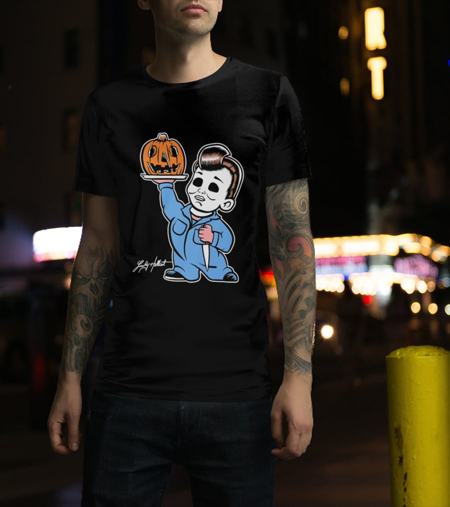 Lucky Hellcat Michael Myers Cartoon Pumpkin Knife Caricature T-Shirt