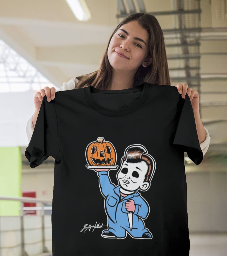 Lucky Hellcat Michael Myers Cartoon Pumpkin Knife Caricature T-Shirt