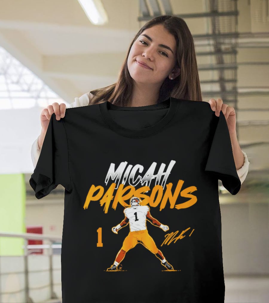 Micah Parsons 1 Pose With Name And Number In White And Orange T-Shirt