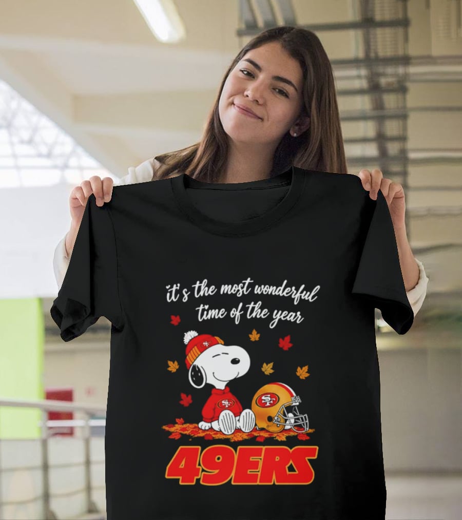 San Francisco 49ers Snoopy Beanie Autumn Leaves Most Wonderful Time T-Shirt