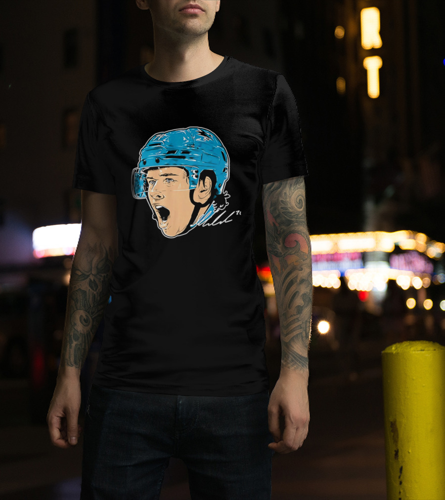 San Jose Sharks NHL 71 Yelling Hockey Player Helmet Caricature T-Shirt