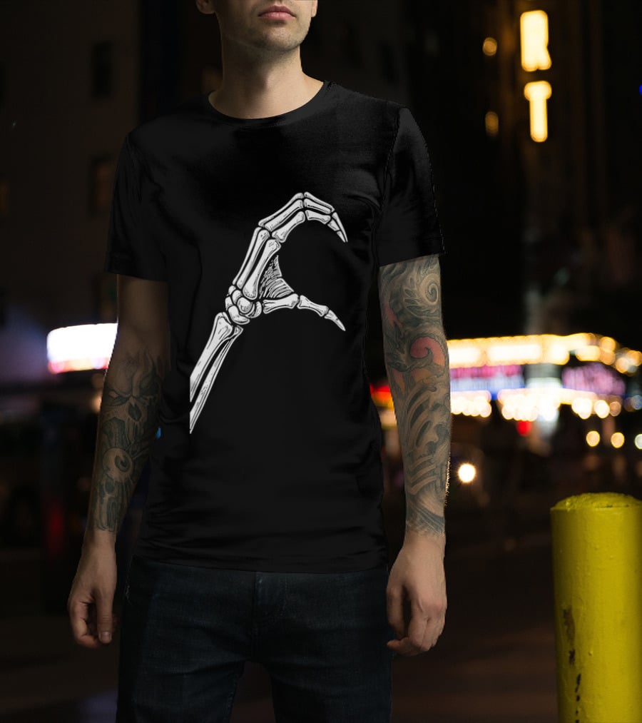 Skeleton Bone Hand Half Heart Gesture Line Sketch T-Shirt