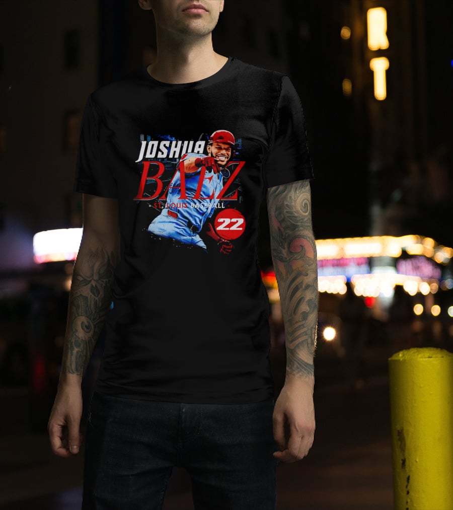 Joshua Baez 22 St Louis Baseball Red Helmet Distressed Photo T-Shirt