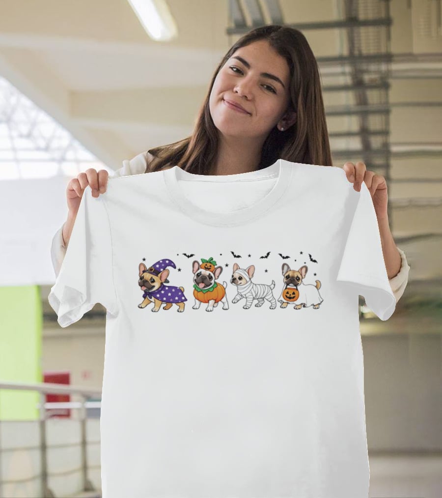 Spooky Frenchies Halloween Paws Pumpkin Costumes Witch Bats T-Shirt