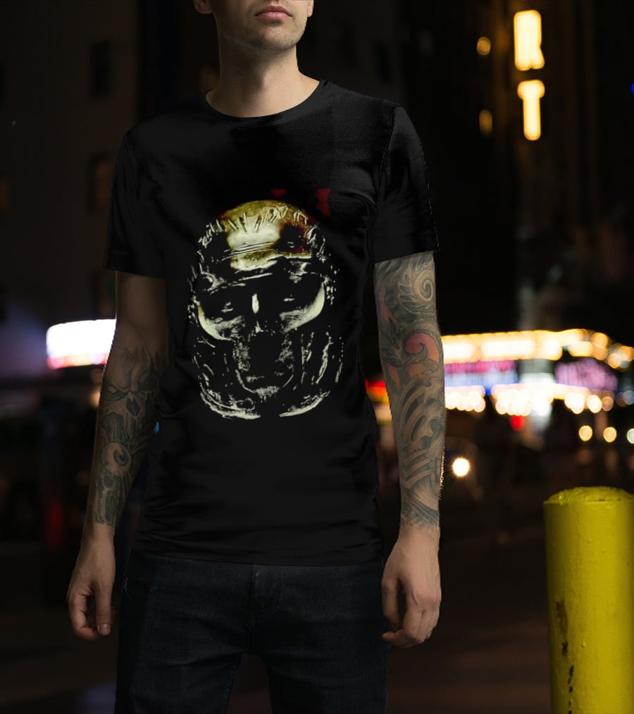 Dark Metallic Sculpted Skull Mask With Stylized Roman T-Shirt