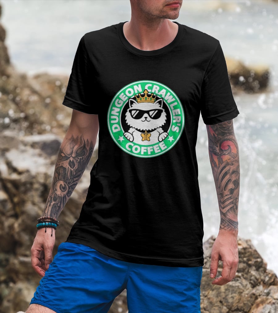 Dungeon Crawlers Coffee White Cat Crown Sunglasses T-Shirt