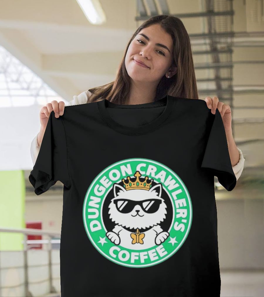 Dungeon Crawlers Coffee White Cat Crown Sunglasses T-Shirt