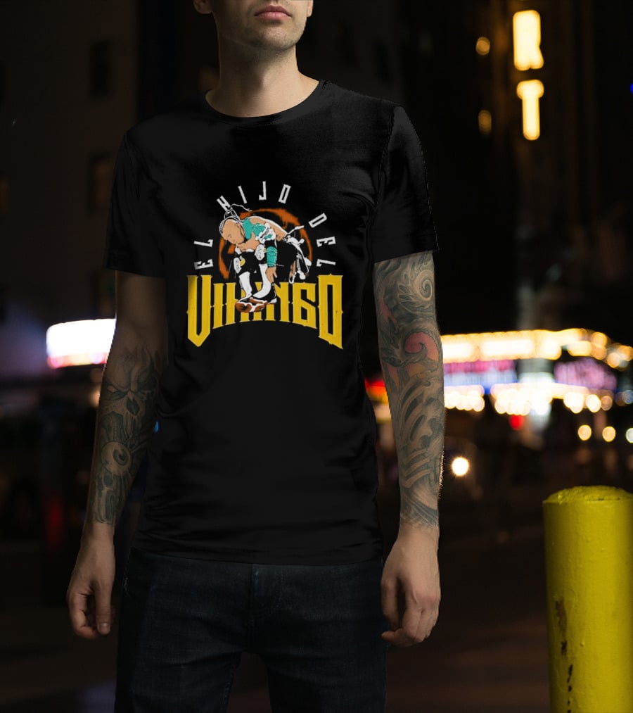 El Hijo Del Vikingo Crouching Wrestler Brown Yellow Text And Image T-Shirt