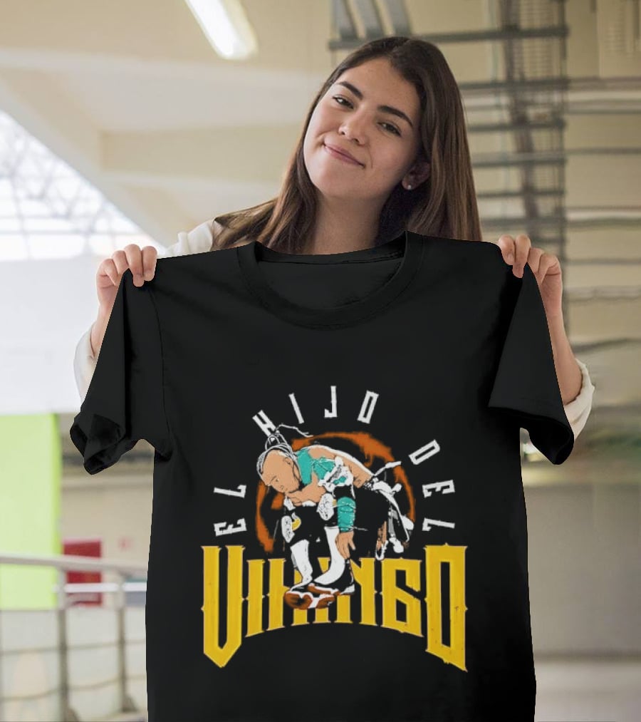 El Hijo Del Vikingo Crouching Wrestler Brown Yellow Text And Image T-Shirt